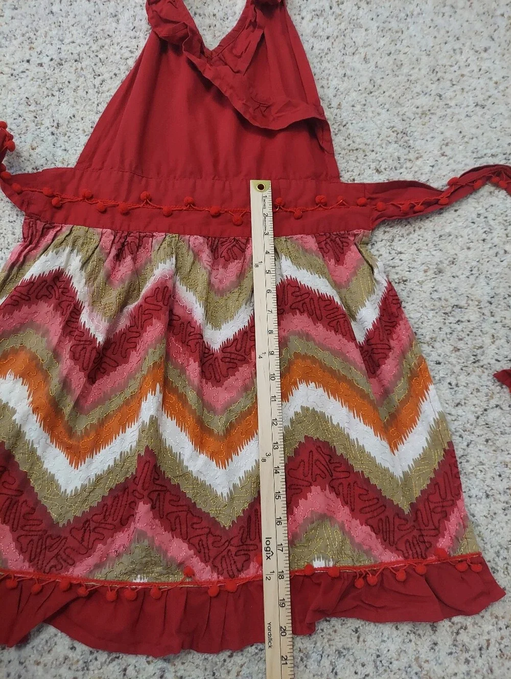 Sur La Table Ruffle & Pompom Detail Halter Red Chevron Apron OS Festive Hostess